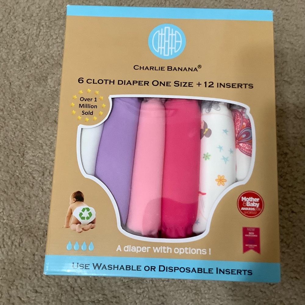 NIB Charlie Banana 6 Cloth Diapers With 12 Inserts